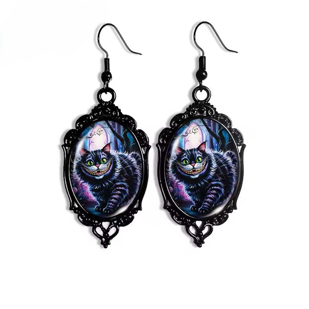 Cheshire Cat Dangle Earrings Black Lace Oval Earrings Handmade Glass Dome